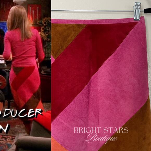 Rare Colorblock Suede Skirt ASO Phoebe Buffay Friends Pink Red Brown Patchwork - Picture 4 of 11